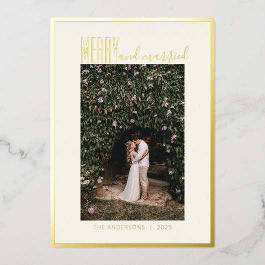 メリー・マリード・エレガント・ミニマル・クリスマス・フォト・ゴールド 箔シーズンカード (正面)