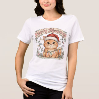 メリー・ミャウマス Tシャツ - かわいいクリスマス猫の白いTシャツ