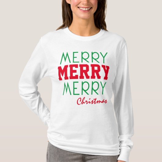 メリー メリー クリスマス 赤 緑 タイポグラフィー Tシャツ (正面)