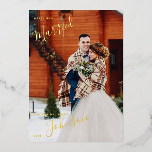 メリー&レッド結婚したプレイド冬の結婚式の写真 箔シーズンカード (正面)
