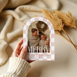 メリー レトロ チェックボード アーチ フォト ホリデー カード