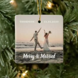 メリー&新結婚した婚カップル写真クリスマス セラミックオーナメント