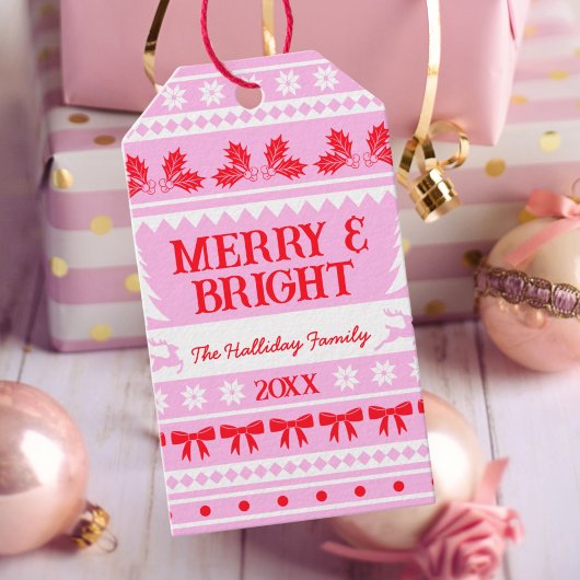メリー&明るいクリスマスのセーターピンク、赤、白 ギフトタグ
