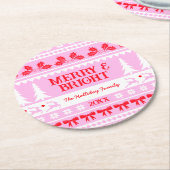 メリー&明るいクリスマスセーターピンクと赤 ラウンドペーパーコースター (アングル)