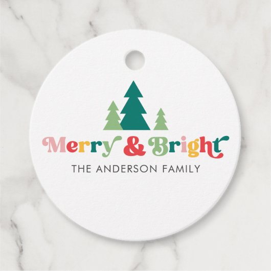 メリー&明るいクリスマスツリーカラフルレトロフォント フェイバータグ (正面)