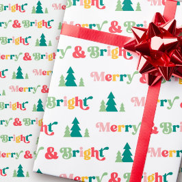 メリー&明るいクリスマスツリーカラフルレトロフォント ラッピングペーパー