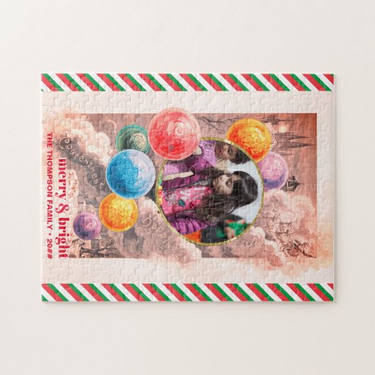 メリー&明るいシックな家族の写真クリスマスバブル ジグソーパズル (横)