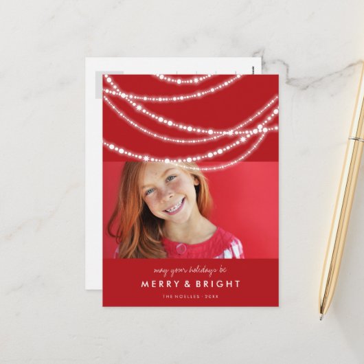 メリー&明るいスパークルスシックな赤いクリスマスフォト シーズンポストカード (正面/裏面インサイチュ)