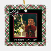 メリー&明るい可愛いタータンチェック格子写真クリスマス セラミックオーナメント (正面)