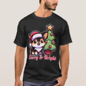 メリー&明るい可愛いトリコラーコーギクリスマス Tシャツ (正面)
