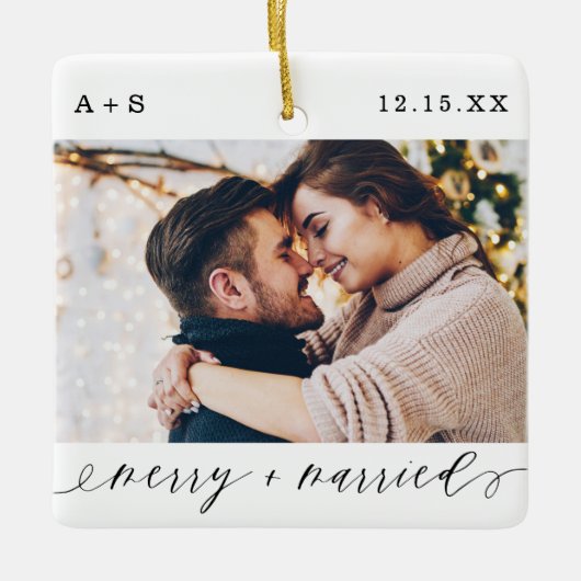 メリー&結婚したエレガントScriptの結婚写真 セラミックオーナメント (正面)