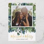 メリー・結婚したクリスマスの葉写真 箔シーズンカード (正面)