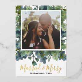 メリー・結婚したクリスマスの葉写真 箔シーズンカード