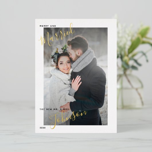 メリー&結婚した木綿の冬のウェディング写真 箔シーズンカード (立ち正面)