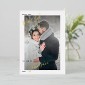 メリー&結婚した金ゴールド冬の結婚式の写真 箔シーズンカード (立ち正面)