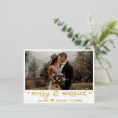 メリー&結婚した,金ゴールド書道2結婚の写真 箔シーズンポストカード (立ち正面)