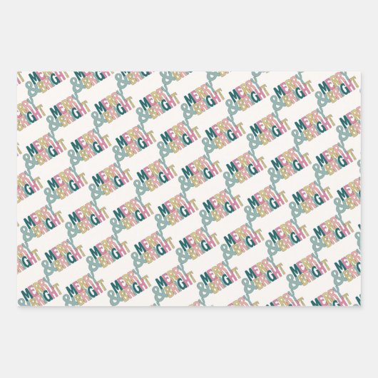 メリー&鮮やかなピンクの緑の金ゴールド雪と木 ラッピングペーパーシート (正面)