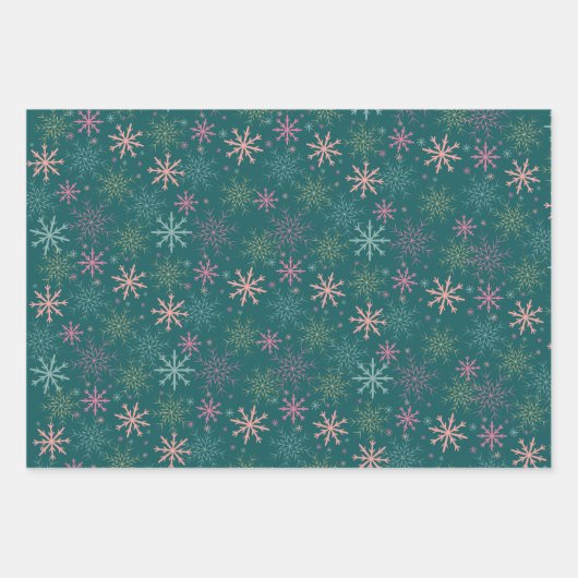 メリー&鮮やかなピンクの緑の金ゴールド雪と木 ラッピングペーパーシート (正面3)