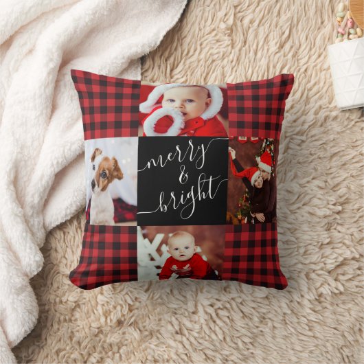 メリー&鮮やかな赤いバッファローのプレイドクリスマスフォト クッション (ブランケット)