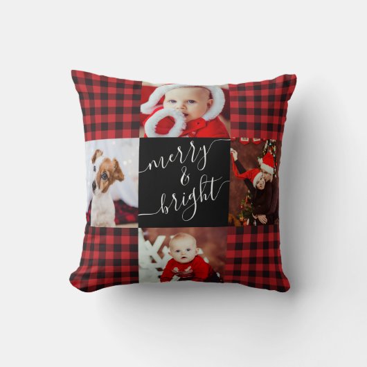 メリー&鮮やかな赤いバッファローのプレイドクリスマスフォト クッション (正面)