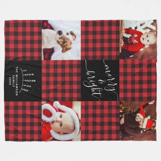 メリー&鮮やかな赤いバッファローのプレイドクリスマスフォト フリースブランケット (正面(横))