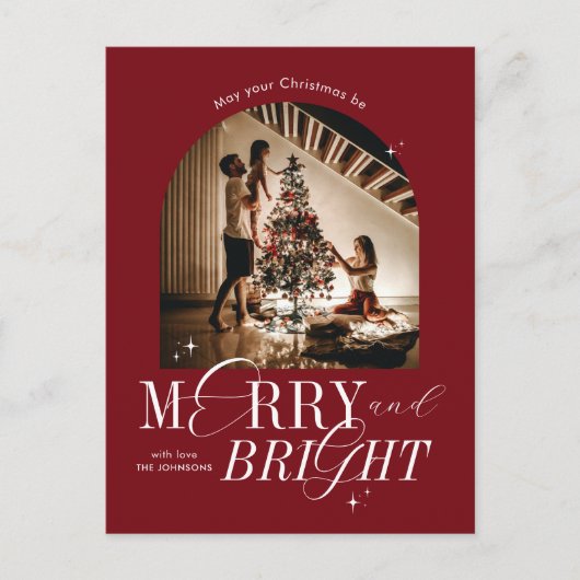メリー&鮮やかな赤のスクリプエレガントト写真クリスマス シーズンポストカード (正面)