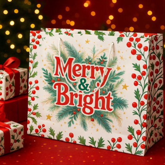 メリー&鮮やかな赤の白のクリスマス ラージペーパーバッグ