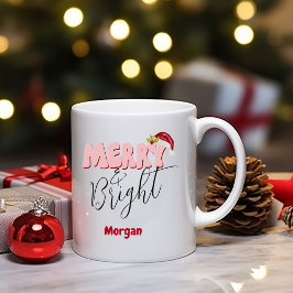 メリー&Bright Christmasレトロ赤ピンク追加の名前 コーヒーマグカップ