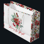 メリーBright Christmas Botanicalの花 ラージペーパーバッグ<br><div class="desc">そしてメリー明るい赤のタイポグラフィ、喜ばしいクリスマスの花の花束と赤ロビンの鳥と緑、水の色のモダンイラストレーション。</div>