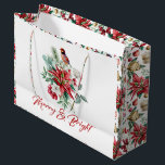 メリーBright Christmas Botanicalの花 ラージペーパーバッグ<br><div class="desc">そしてメリー明るい赤のタイポグラフィ、喜ばしいクリスマスの花の花束と赤ロビンの鳥と緑、水の色のモダンイラストレーション。</div>