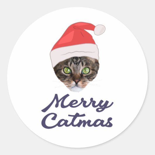 メリーCatmas，クリスマスキャットサンタハット招待状 ラウンドシール (正面)