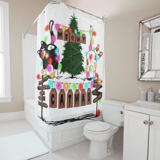 メリーCATMAS、Cute Cat Christmas Gift、X-mas Cat シャワーカーテン (インサイチュ)
