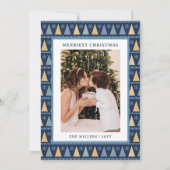 メリーChristmas写真モダン青金ゴールド木 シーズンカード (正面)