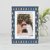 メリーChristmas写真モダン青金ゴールド木 シーズンカード (スタンド正面)