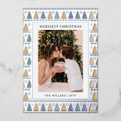 メリーChristmas写真モダン青金ゴールド木 箔シーズンカード (正面)