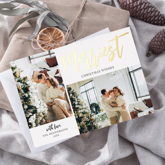 メリーChristmas Brush Script Photo White 箔シーズンカード