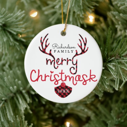 メリーChristmaskおもしろい赤い格子模様トナカイのマスクコービデ セラミックオーナメント (ツリー)