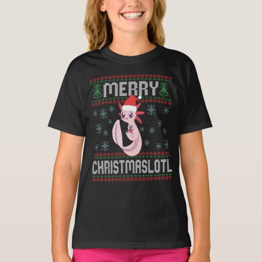 メリーChristmaslotlかわいいAxolotl醜いセーターギフト Tシャツ (正面)