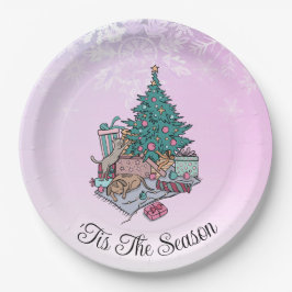 メリーEverything Pink Christmas Tree Cat and Dog ペーパープレート
