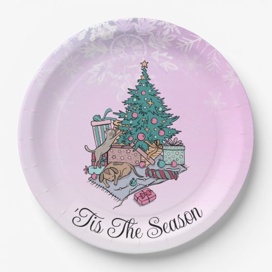 メリーEverything Pink Christmas Tree Cat and Dog ペーパープレート (正面)