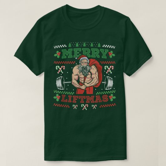 メリーLiftmas Bodybuilder Santa Powerlifting Tシャツ (デザイン正面)