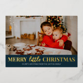 メリーLittle Christmas Blue金ゴールドモダン写真 箔シーズンカード (正面)