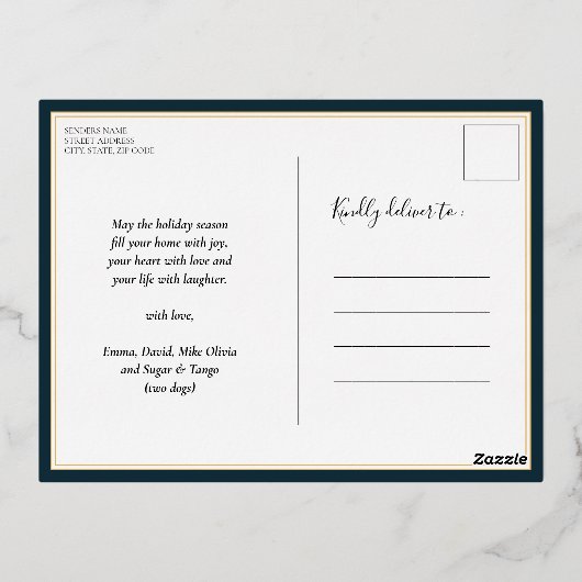 メリーLittle Christmas Blue金ゴールドモダン写真 箔シーズンポストカード (裏面)