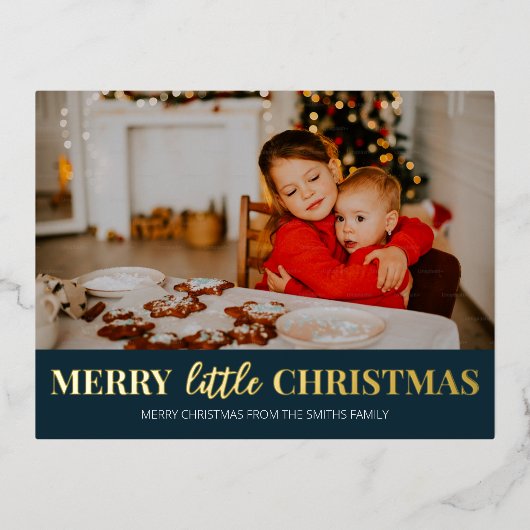 メリーLittle Christmas Blue金ゴールドモダン写真 箔シーズンポストカード (正面)