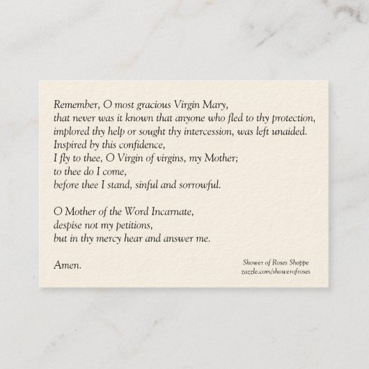 メリーMemorare祈りの言葉の神聖なカードの完全なハート 名刺 (裏面)