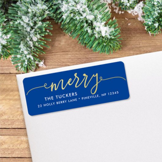 メリーScript Gold Foil on Blue Christmas Address ラベル