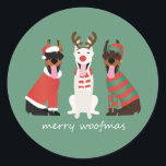 メリーWoofmas Dobermann Christmas Dogs ラウンドシール<br><div class="desc">可愛いイラストレーションドベルマン犬の休日の服を着て。ホリデーシーズンのペット愛好家や飼い主に最適。</div>