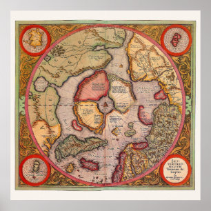 メルカトルによる北極地図の古地図 ポスター