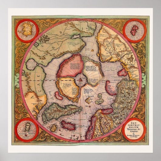 メルカトルによる北極地図の古地図 ポスター (正面)
