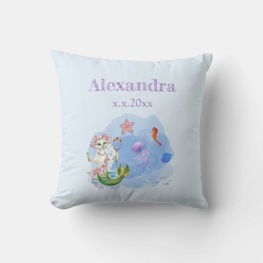 メルキャットマーメイドライトブルー子供部屋名前をカスタムする クッション (正面)